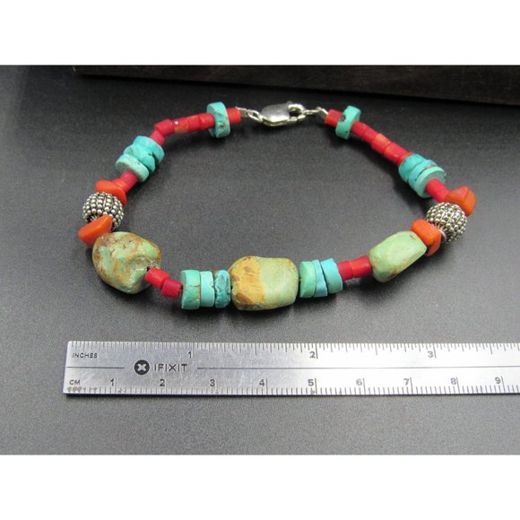 8 Inch Sterling Silver Red Shell And Turquoise Stones Bracelet - Picture 5 of 6